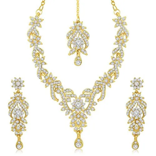 Sukkhi Brass Gold 3 Pieces Strand Necklace With Earrings Set For Women