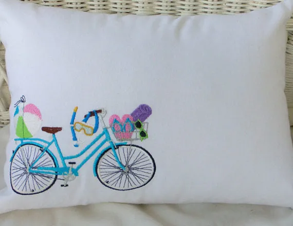 Summer Bike Pillow covers, Embroidered bicycle pillow, seasonal bike pillow covers