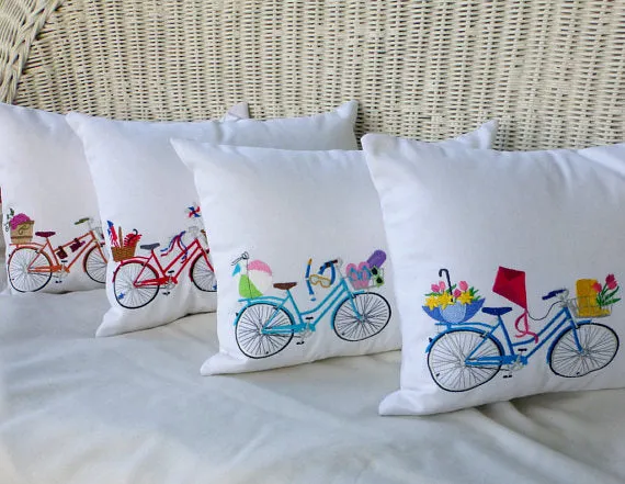 Summer Bike Pillow covers, Embroidered bicycle pillow, seasonal bike pillow covers