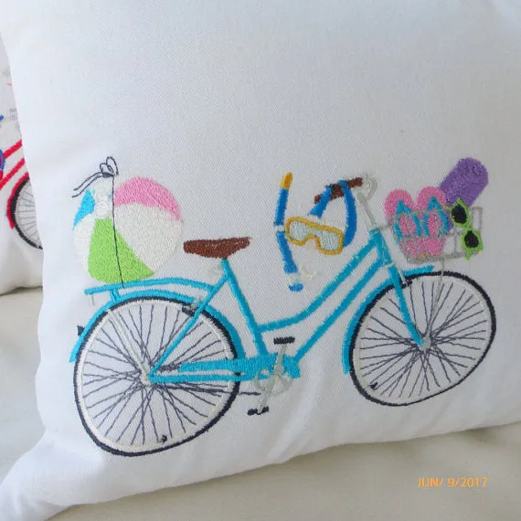 Summer Bike Pillow covers, Embroidered bicycle pillow, seasonal bike pillow covers