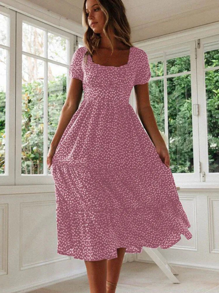 Summer Woman Floral Print Dress Fashion Casual Elegant Short Sleeve Dress Square Collar Beach Party Long Dress For Women Robe
