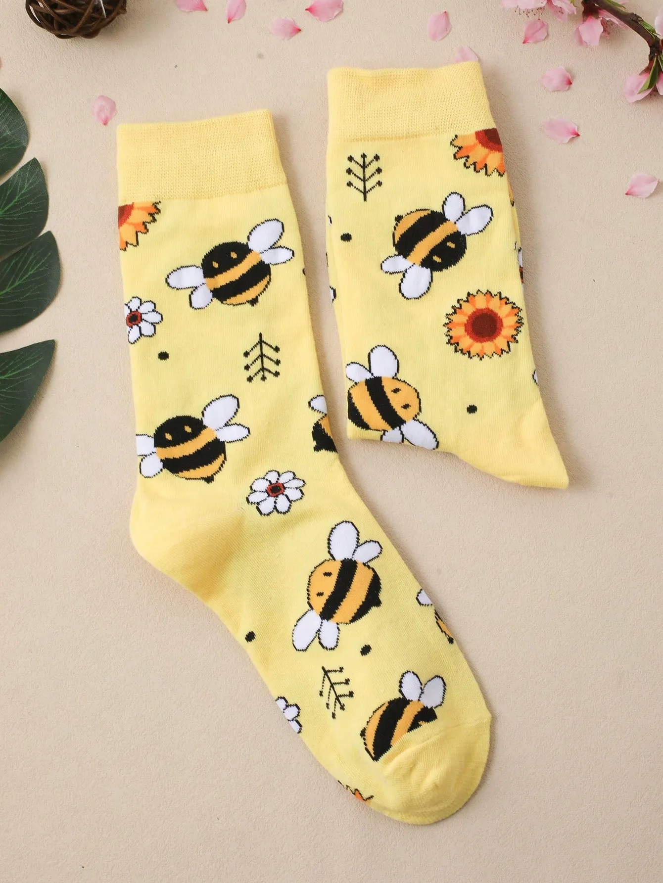 Sunflower & Bee Pattern Crew Socks Silly Socks for Women Funky Socks Funny Socks