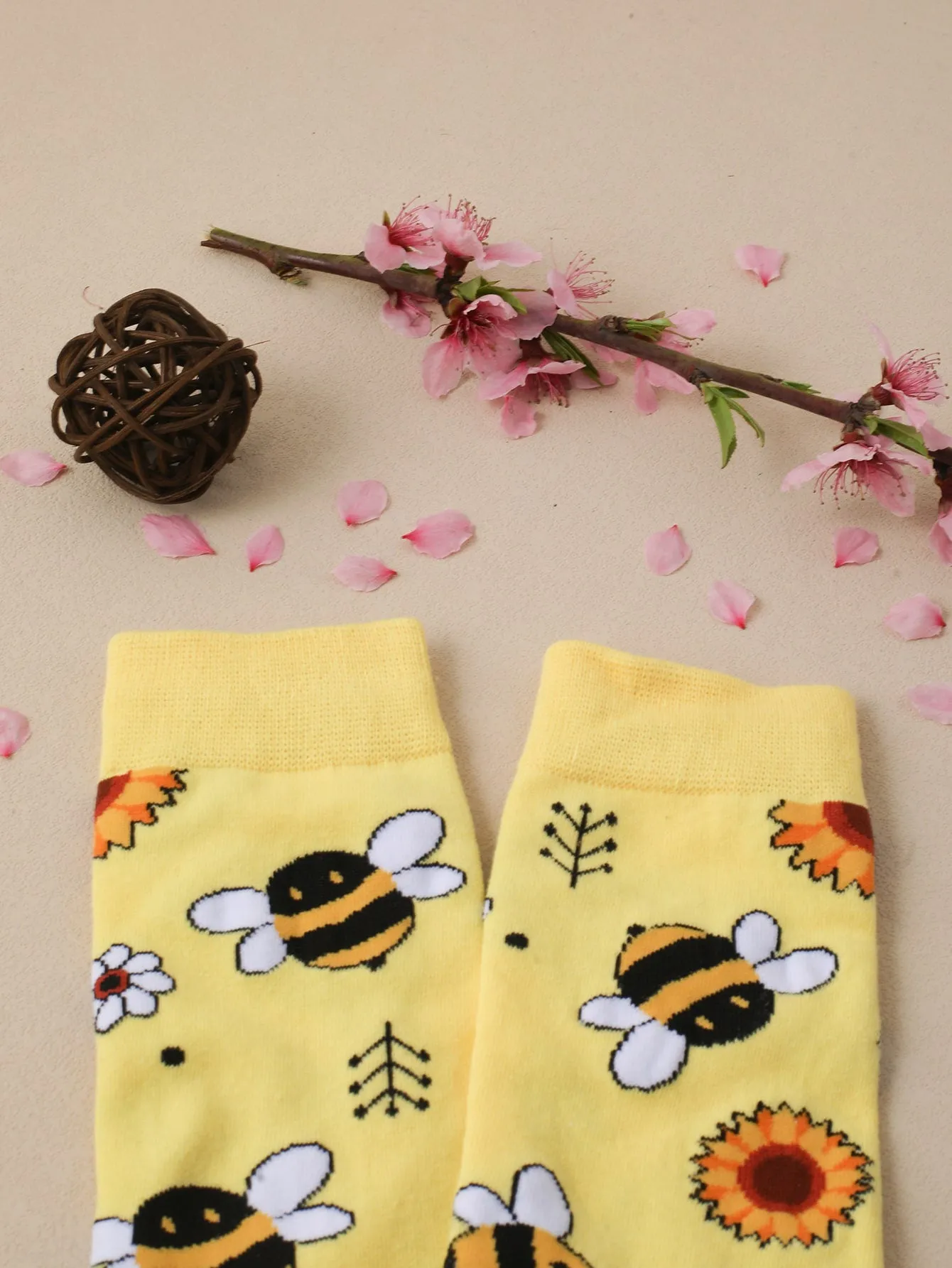 Sunflower & Bee Pattern Crew Socks Silly Socks for Women Funky Socks Funny Socks