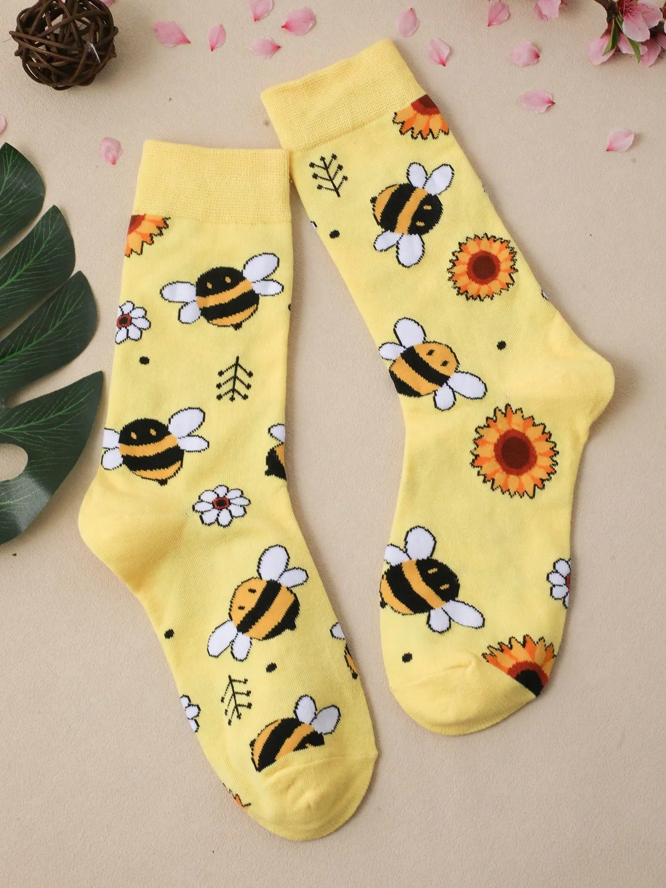 Sunflower & Bee Pattern Crew Socks Silly Socks for Women Funky Socks Funny Socks