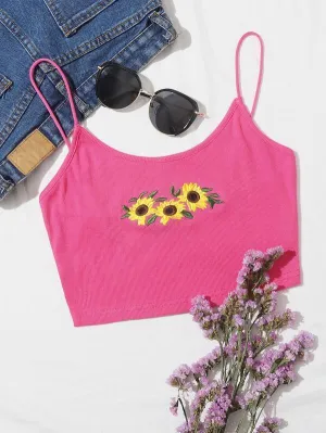 Sunflower Embroidered Crop Cami Top