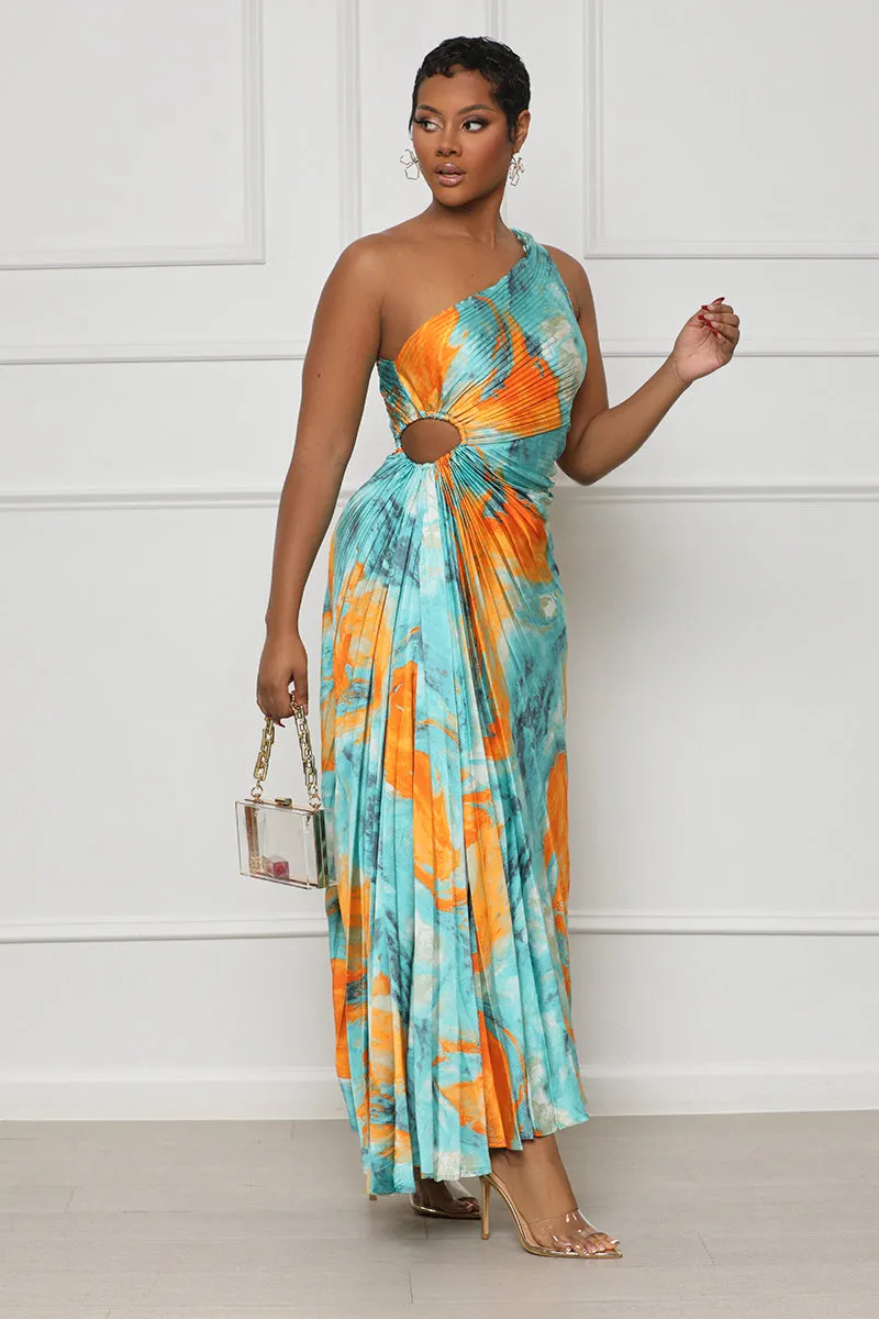 Sunset Watercolor One Shoulder Dress (Blue Multi)