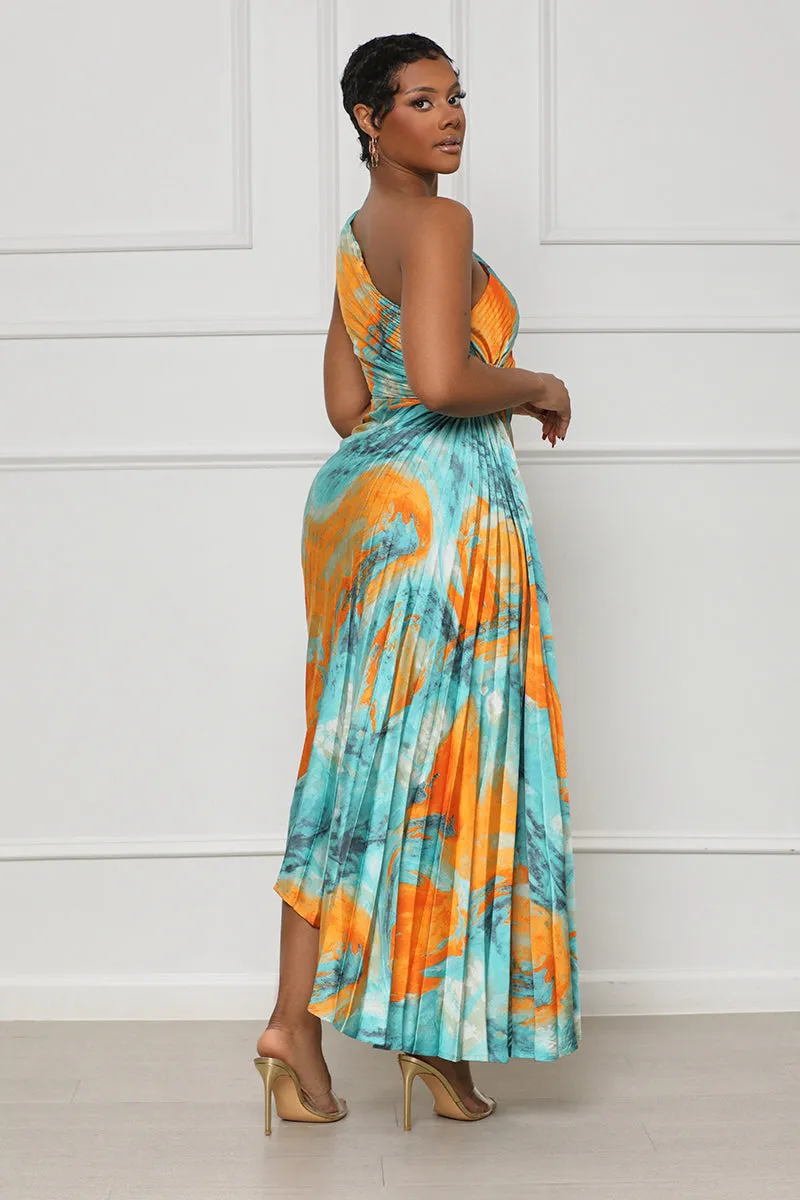 Sunset Watercolor One Shoulder Dress (Blue Multi)