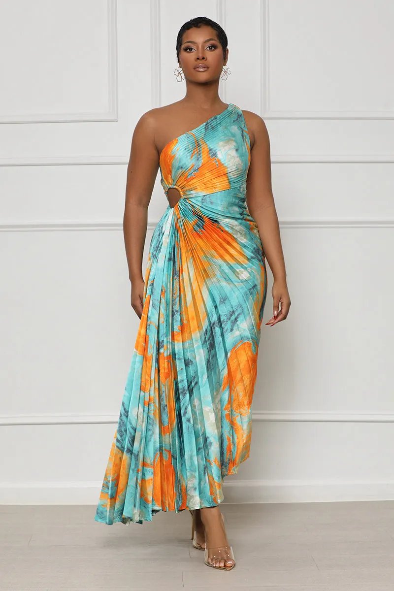 Sunset Watercolor One Shoulder Dress (Blue Multi)