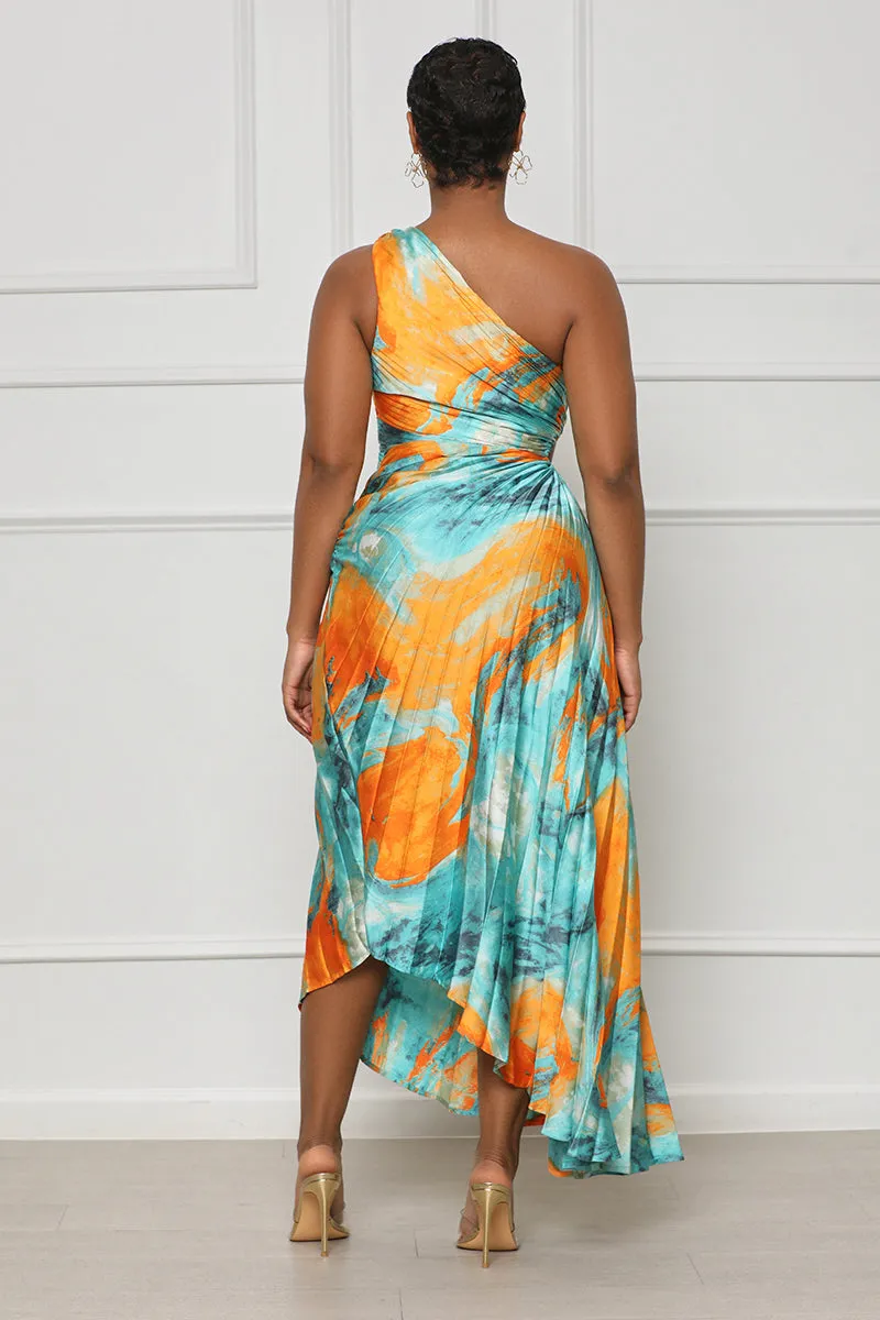 Sunset Watercolor One Shoulder Dress (Blue Multi)