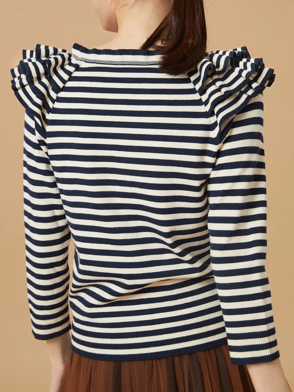 Surprise Sale! Navy/ cream Tiered Ruffle Shoulder Striped Cardigan
