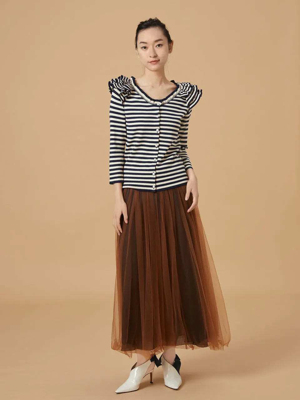 Surprise Sale! Navy/ cream Tiered Ruffle Shoulder Striped Cardigan