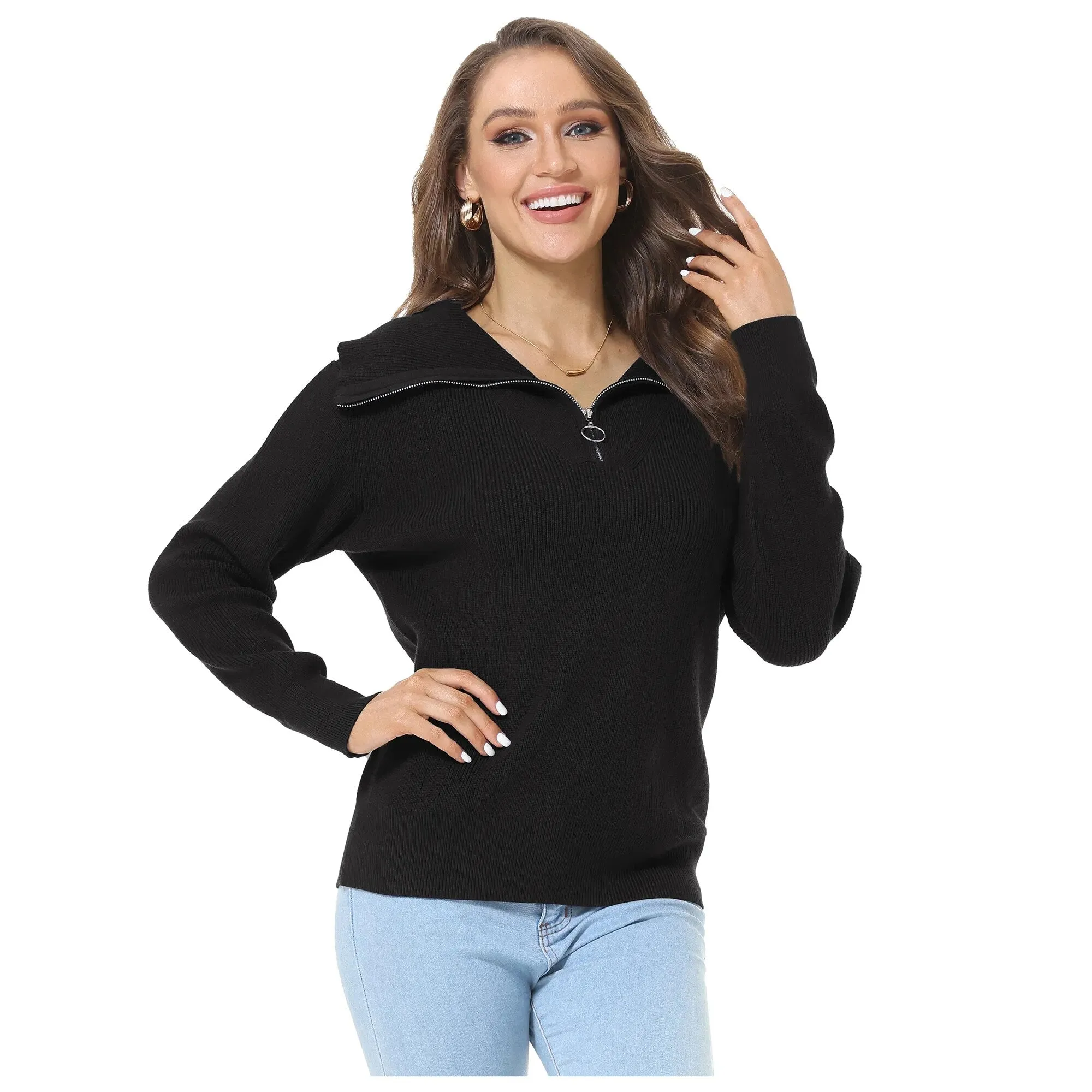 Sweater Warm Blouse Fashion Casual Zippers Loose Knitted Long Sleeve Zip-up Tops