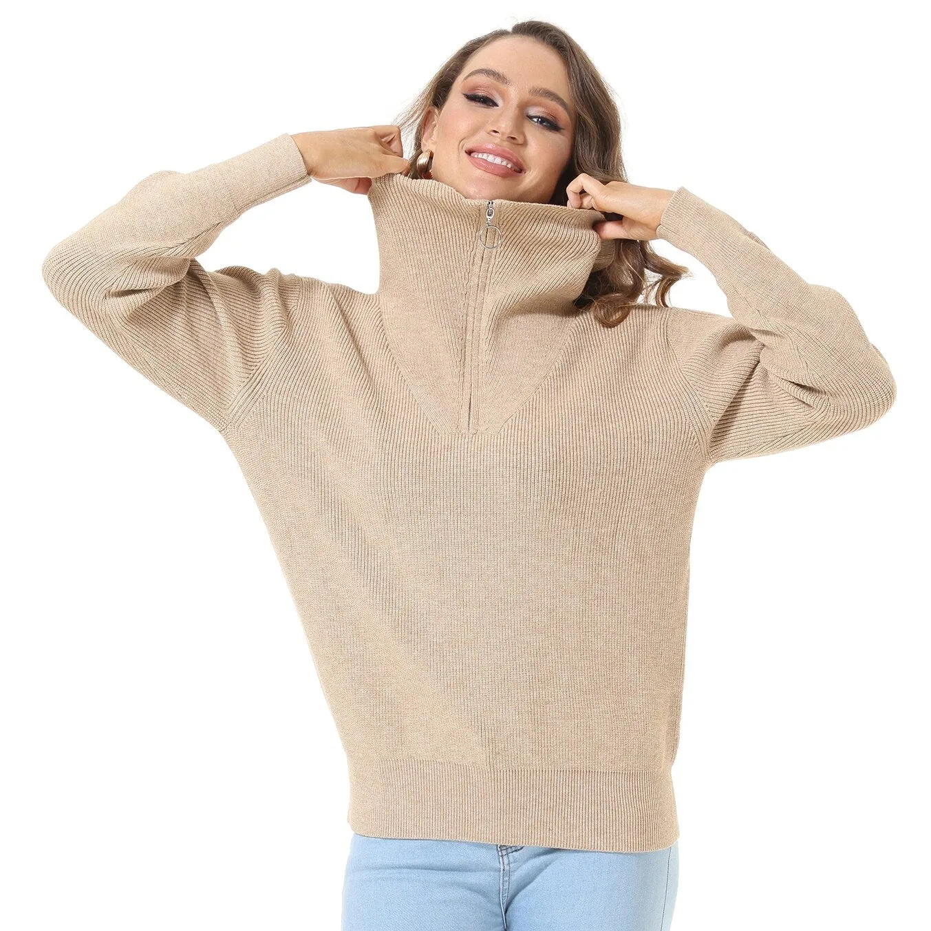 Sweater Warm Blouse Fashion Casual Zippers Loose Knitted Long Sleeve Zip-up Tops