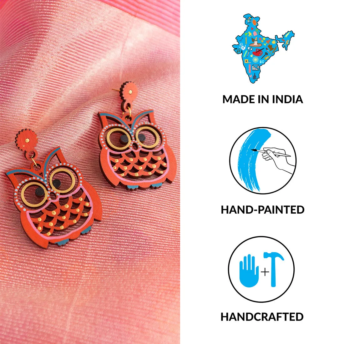 'Symphony of Owls' Bohemian Handpainted Earrings In Recycled Wood