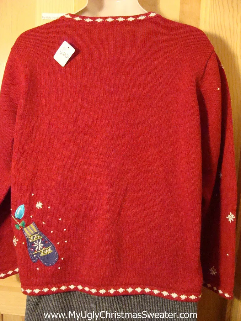 Tacky Cheap Ugly Christmas Sweater with Mittens and Festive Lightbulbs (f523)