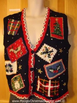 Tacky Cheesy Holiday Sweater Vest with Crafty Patchwork Pattern of Plaid Boxes Tree Reindeer Snowman and Snowflake (f1149)