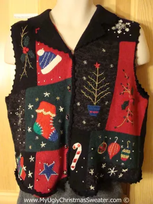 Tacky Christmas Sweater Party Ugly Sweater Vest with Crafty Patchwork Festive Designs (f902)