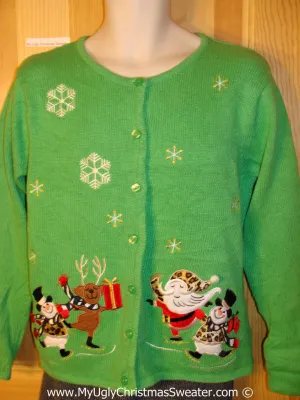 Tacky Green Christmas Sweater Party Ugly Sweater with Skating Santa, Reindeer, and Snowmen in a Winter Wonderland (f869)