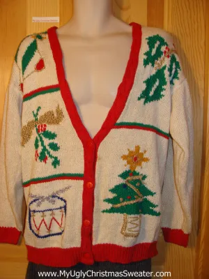 Tacky Vintage 80s Ugly Christmas Sweater with Bold Festive Ivy, Tree, Drum, and Ornament (f648)
