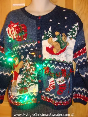 Tacky Xmas Sweater with Lights Cardigan Sledding Bear (g153)