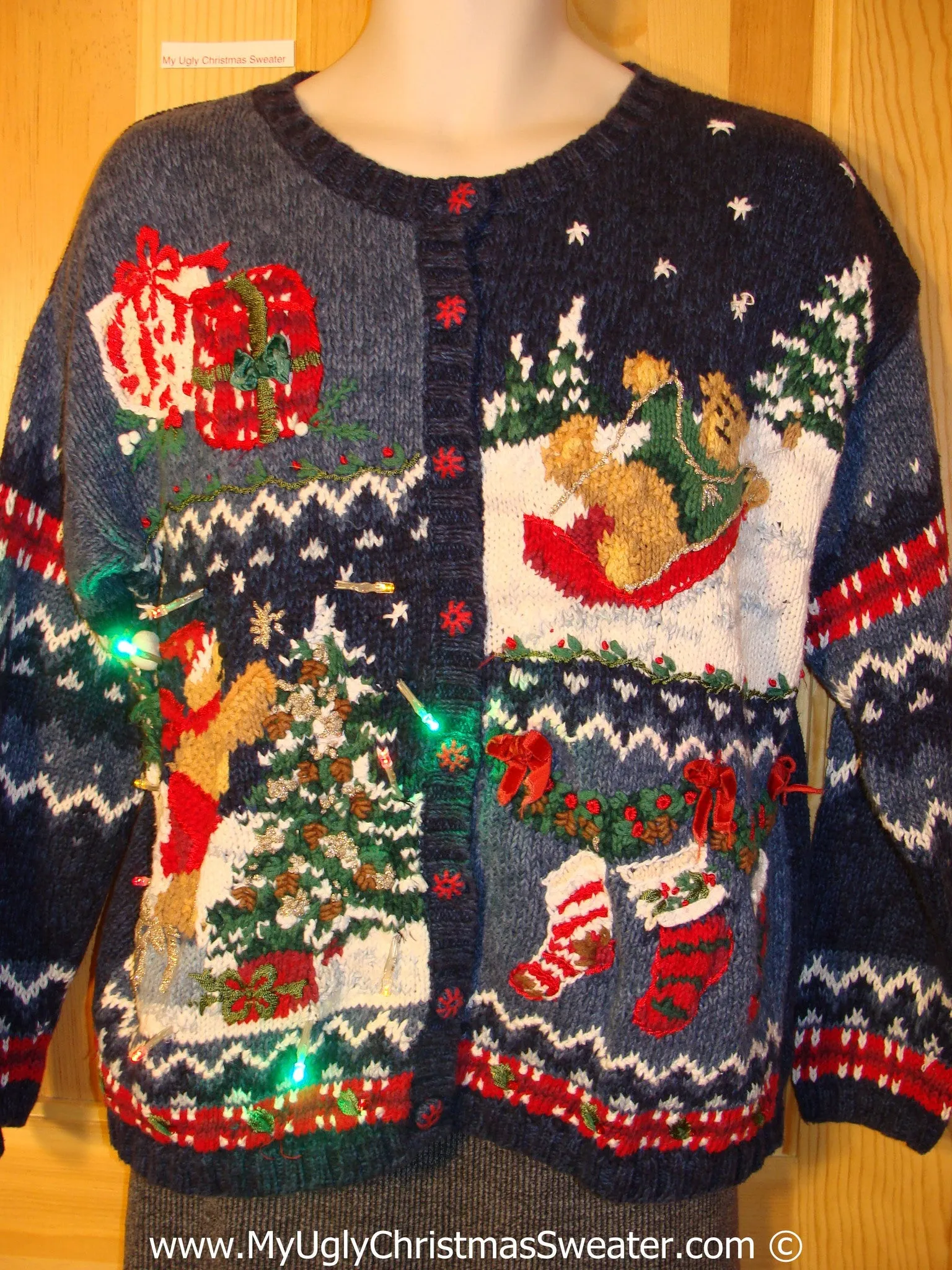 Tacky Xmas Sweater with Lights Cardigan Sledding Bear (g153)