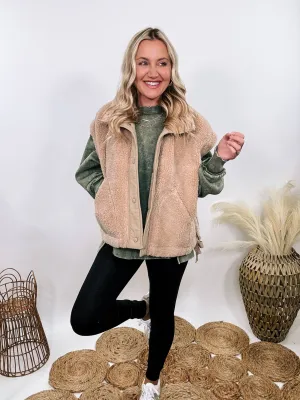 Tan Camel Oversized Sherpa Vest with Side Ties