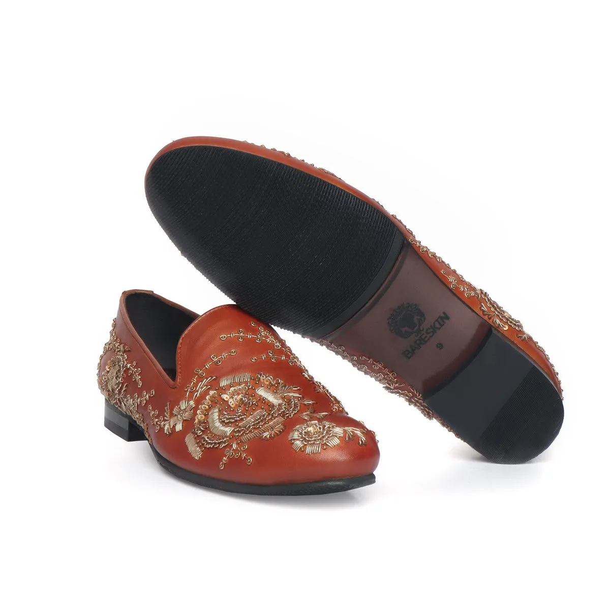 Tan Leather Slip-On Shoes with Copper Gold Zardosi Embroidery By Brune & Bareskin