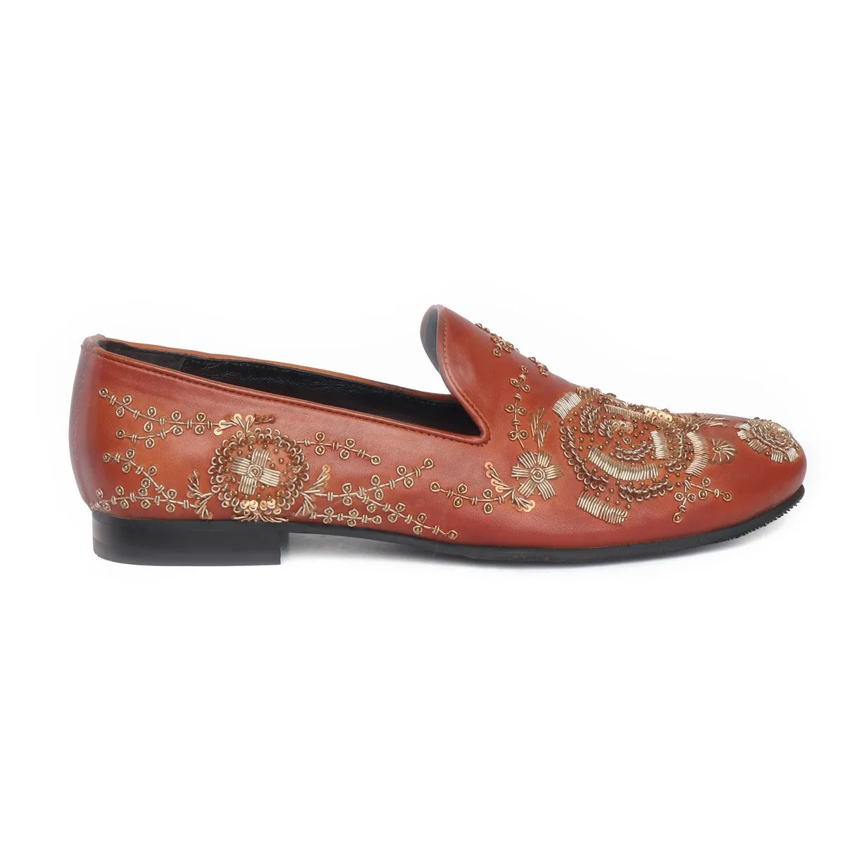 Tan Leather Slip-On Shoes with Copper Gold Zardosi Embroidery By Brune & Bareskin