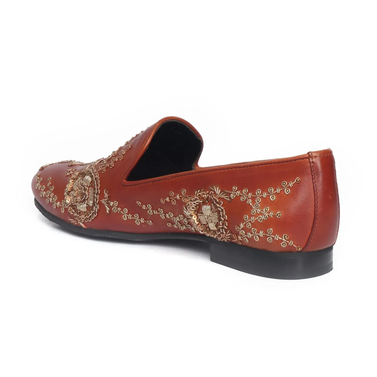 Tan Leather Slip-On Shoes with Copper Gold Zardosi Embroidery By Brune & Bareskin
