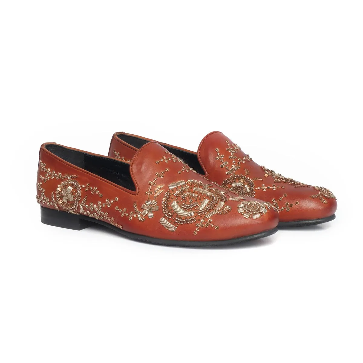 Tan Leather Slip-On Shoes with Copper Gold Zardosi Embroidery By Brune & Bareskin