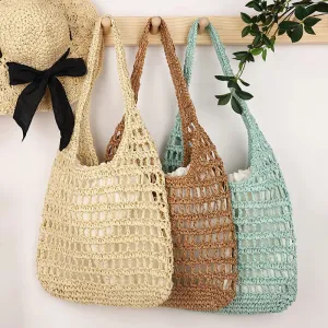 TAVIMART  -  Hollow woven bag, fashionable forest style single shoulder grass woven bag, paper rope women's bag, beach bag (with lining)