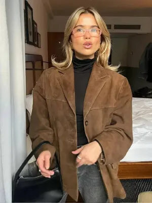 TAVIMART  -  Woman Fashion Brown Lapel With Pocket Jacket Vintage Single Breasted Long Sleeve Short Coat Autumn Lady High Street Outerwear