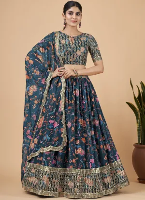 Teal Blue Designer Printed Faux Georgette Sequins Embroidery Work Lehenga Choli