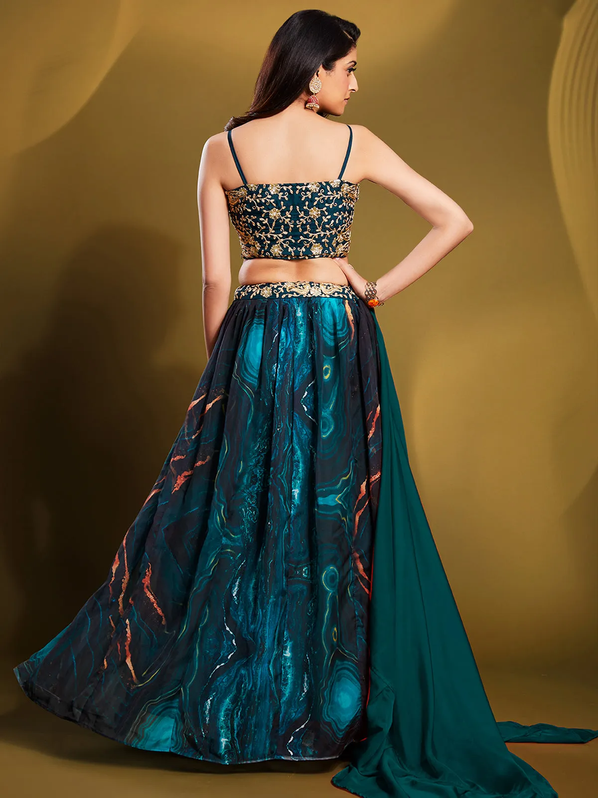 Teal Organza Printed Semi Stitched Lehenga Choli