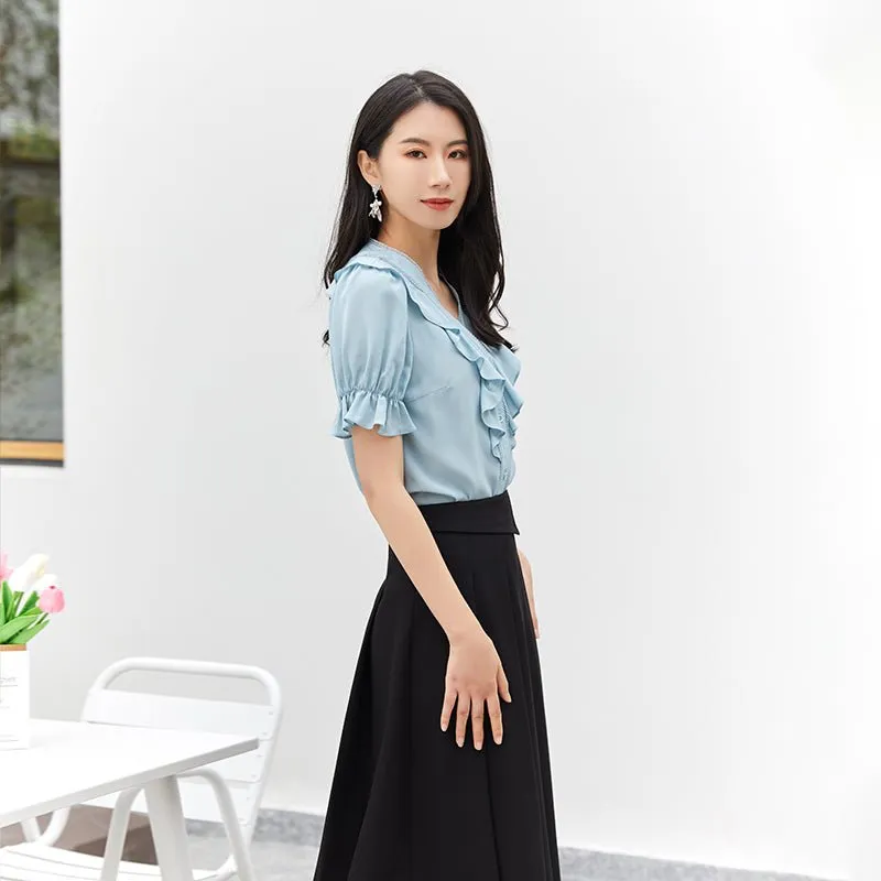 Teal Silk Ruffle T-shirt