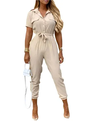 TEEK - Khaki Casual Lapel Buttoned Belted Cargo Jumpsuit