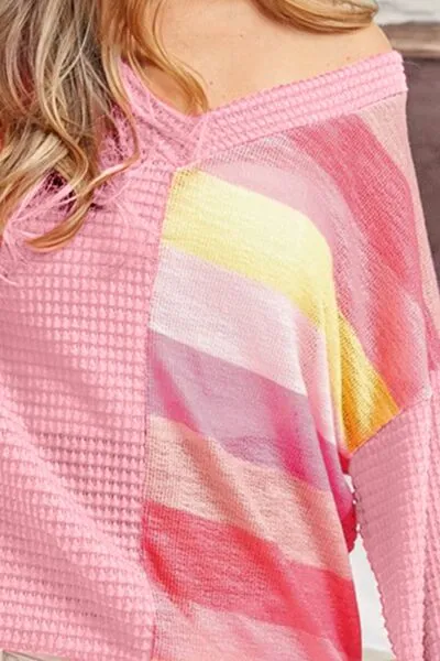 TEEK - Pink Striped Contrast Waffle Top