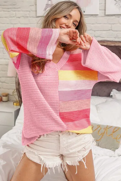 TEEK - Pink Striped Contrast Waffle Top