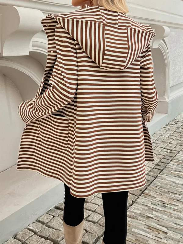 TEEK - Striped Hooded Knit Long Sleeve Coat