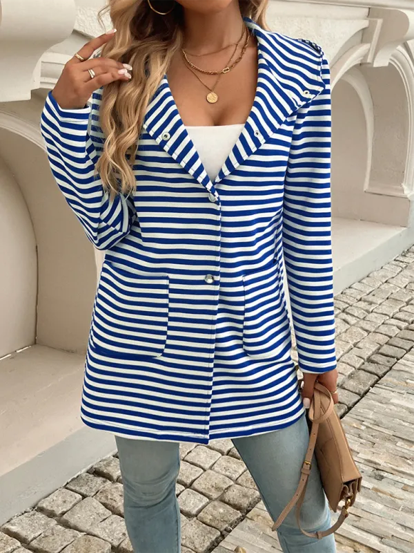 TEEK - Striped Hooded Knit Long Sleeve Coat