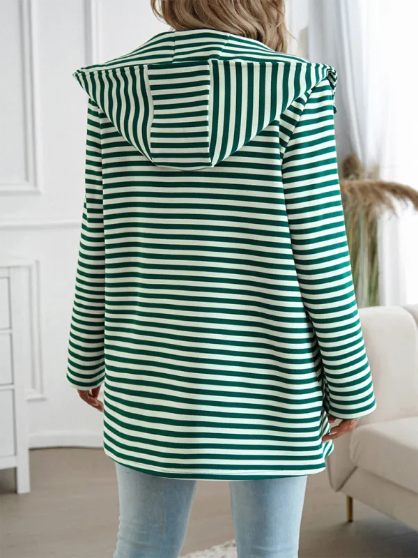 TEEK - Striped Hooded Knit Long Sleeve Coat