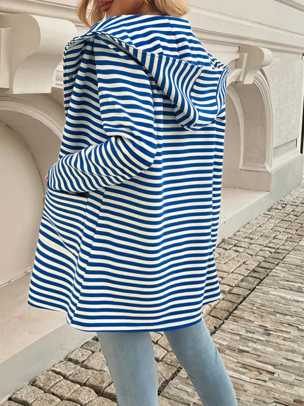 TEEK - Striped Hooded Knit Long Sleeve Coat