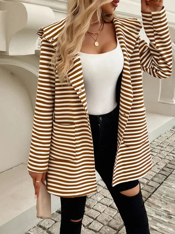 TEEK - Striped Hooded Knit Long Sleeve Coat