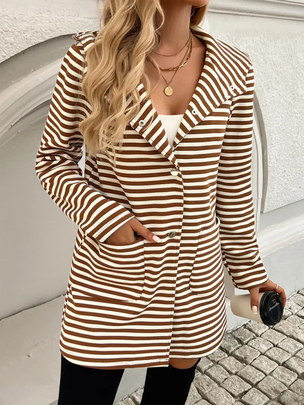 TEEK - Striped Hooded Knit Long Sleeve Coat