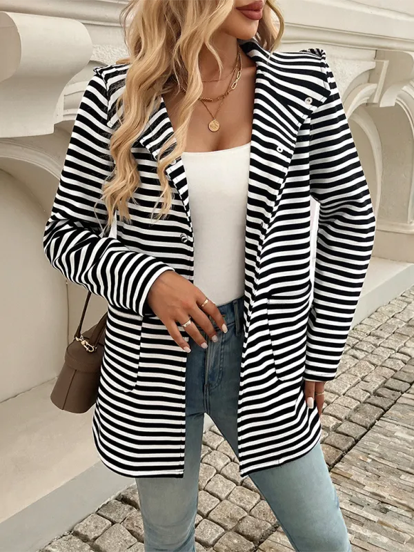 TEEK - Striped Hooded Knit Long Sleeve Coat