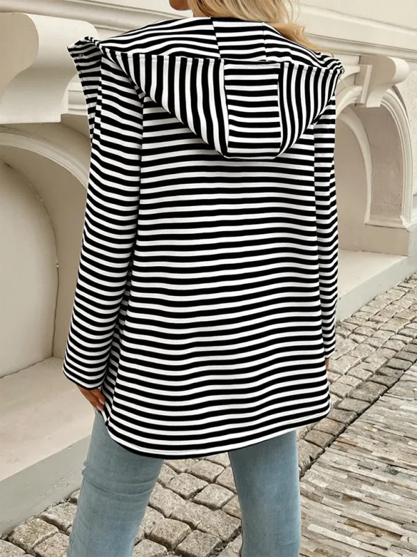 TEEK - Striped Hooded Knit Long Sleeve Coat
