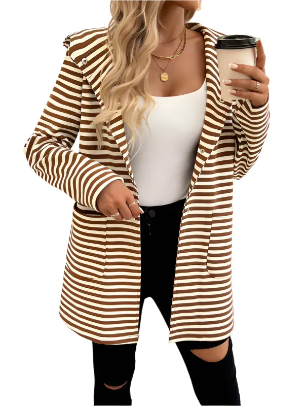 TEEK - Striped Hooded Knit Long Sleeve Coat