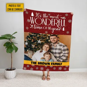 Teesdily | Family Christmas Customize Blankets With Photos Xmas Wonderful Time Of The Year Sherpa Blanket Christmas Custom Blanket With Picture Gifts