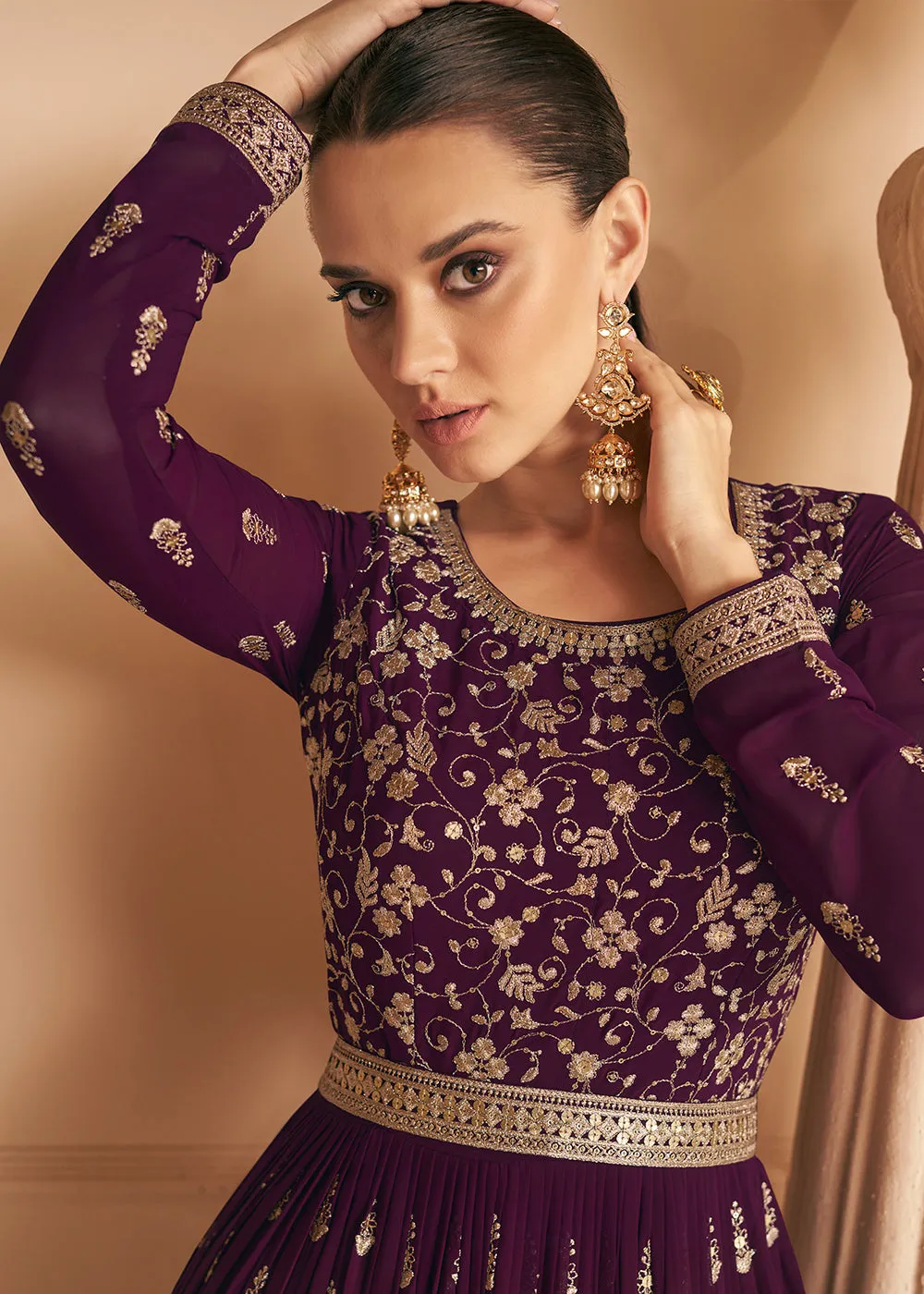 Tempting Real Georgette Purple Wedding Wear Anarkali Suit