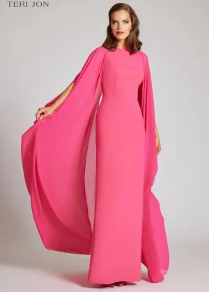 TERI JON Crepe Column Gown with Chiffon Overlay - Watermelon